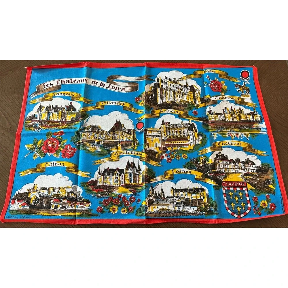 Vintage Creation J. Franco France Chateaux de la Loire Cotton Tea Towel Tour Map